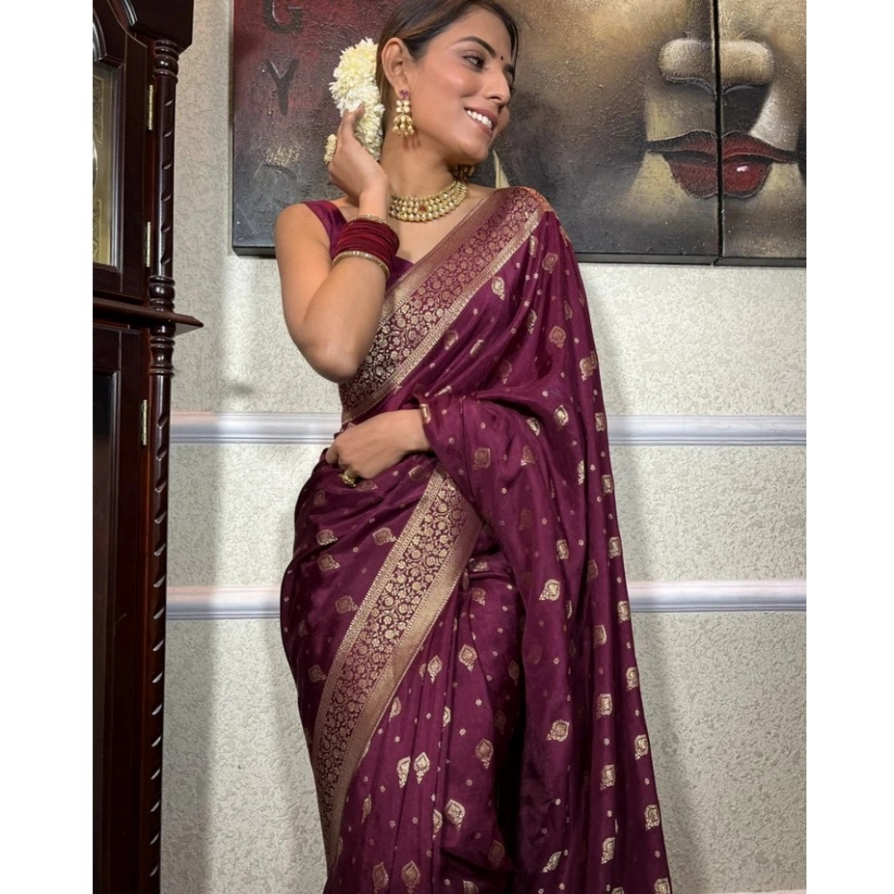 Generic Women's Silk Printed Saree With Unstitched Blouse 5.5Mtr (Wine) - Image 2