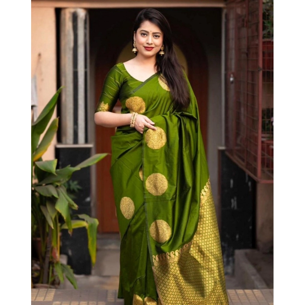Generic Women's Silk Printed Saree With Unstitched Blouse 5.5Mtr (Green) - Image 3