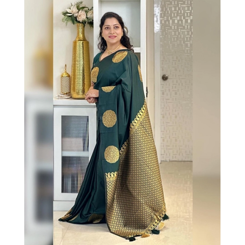Generic Women's Silk Printed Saree With Unstitched Blouse 5.5Mtr (Green) - Image 3