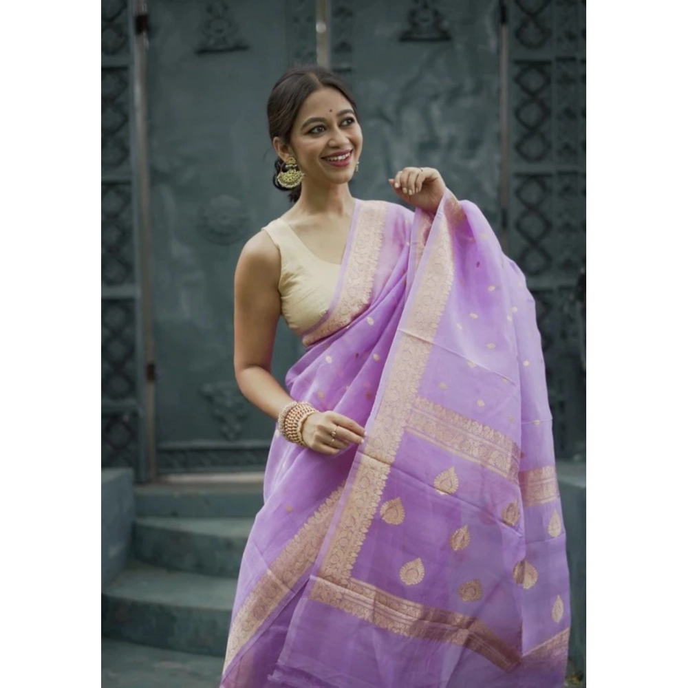 Generic Women's Cotton Printed Saree With Unstitched Blouse 5.5Mtr (Lavender) - Image 3