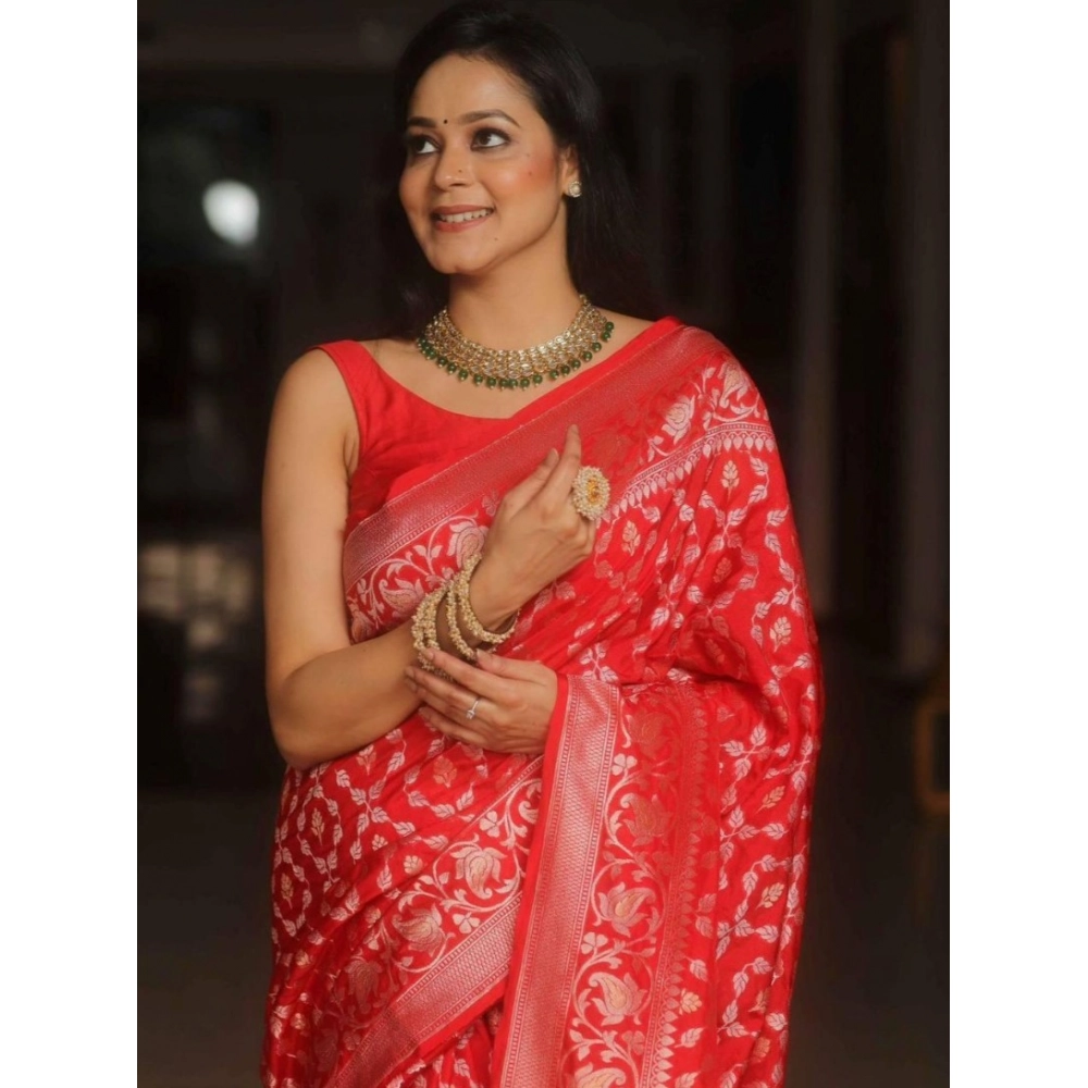 Generic Women's Silk Printed Saree With Unstitched Blouse 5.5Mtr (Orange) - Image 3