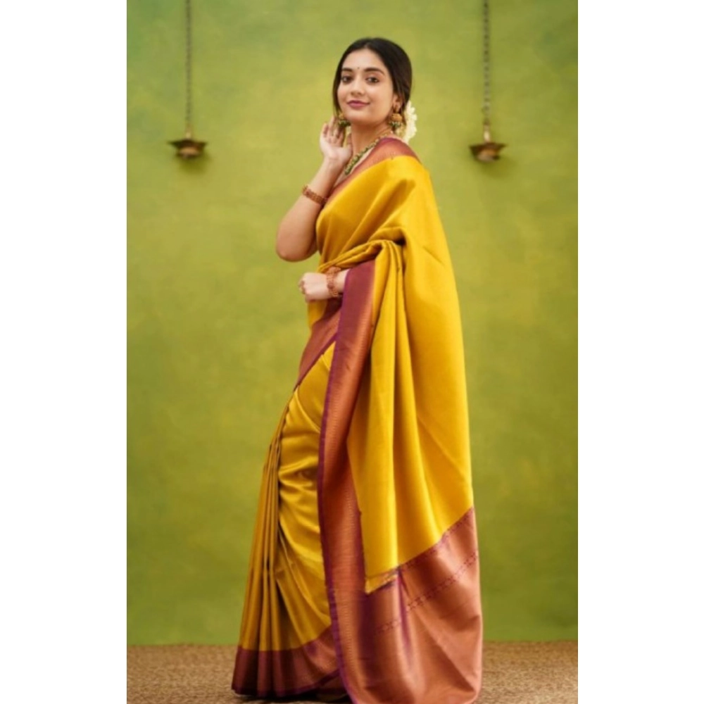 Generic Women's Silk Printed Saree With Unstitched Blouse 5.5Mtr (Yellow) - Image 2