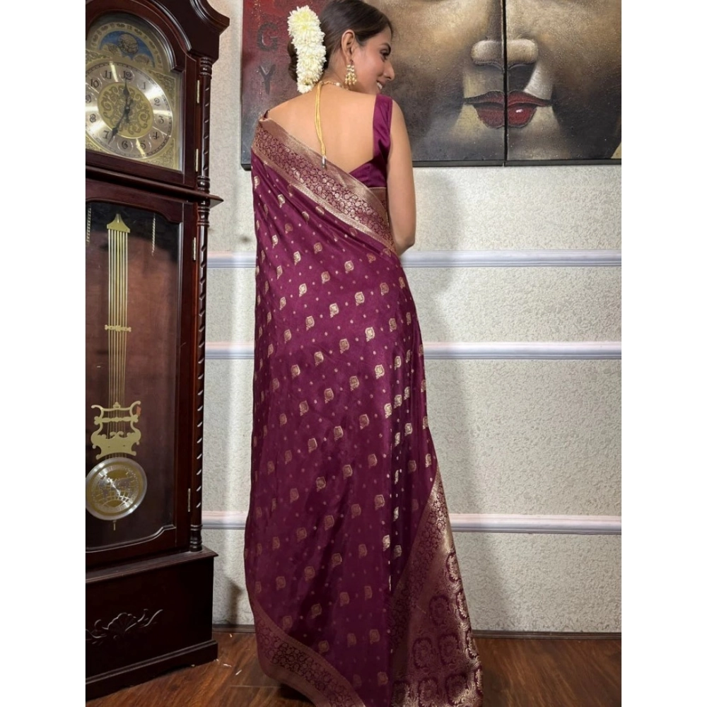 Generic Women's Silk Printed Saree With Unstitched Blouse 5.5Mtr (Wine) - Image 3