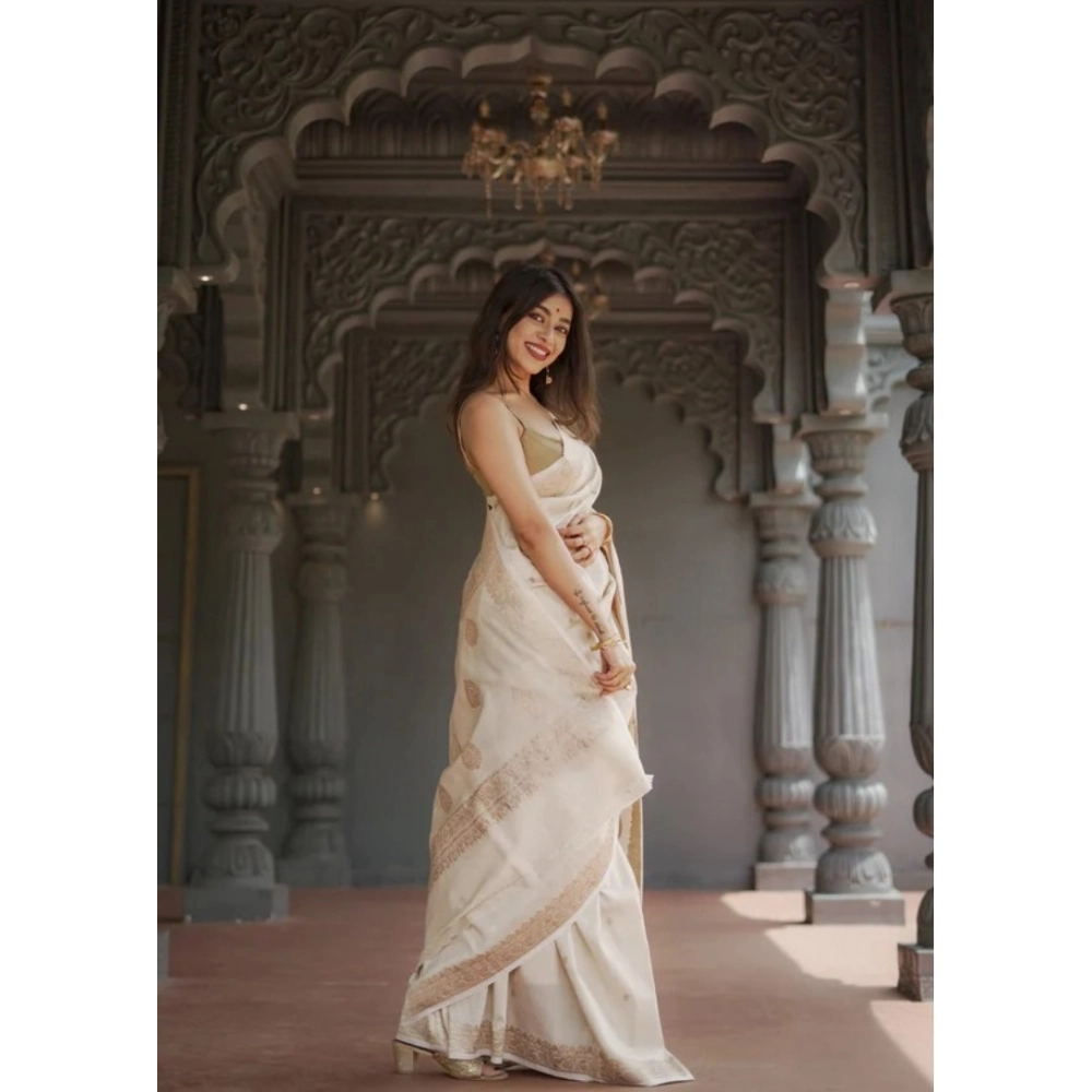 Generic Women's Cotton Printed Saree With Unstitched Blouse 5.5Mtr (Cream) - Image 2
