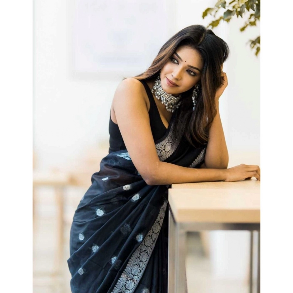 Generic Women's Cotton Printed Saree With Unstitched Blouse 5.5Mtr (Black) - Image 3