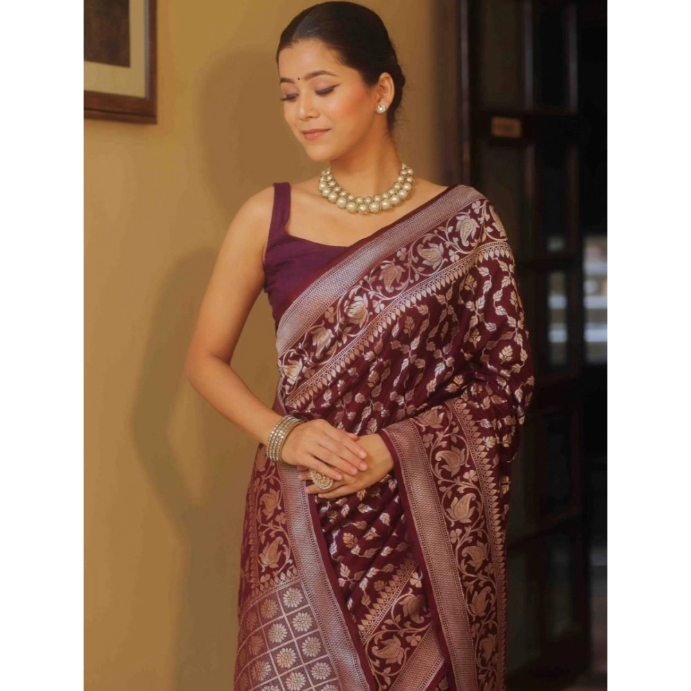 Generic Women's Silk Printed Saree With Unstitched Blouse 5.5Mtr (Maroon) - Image 2