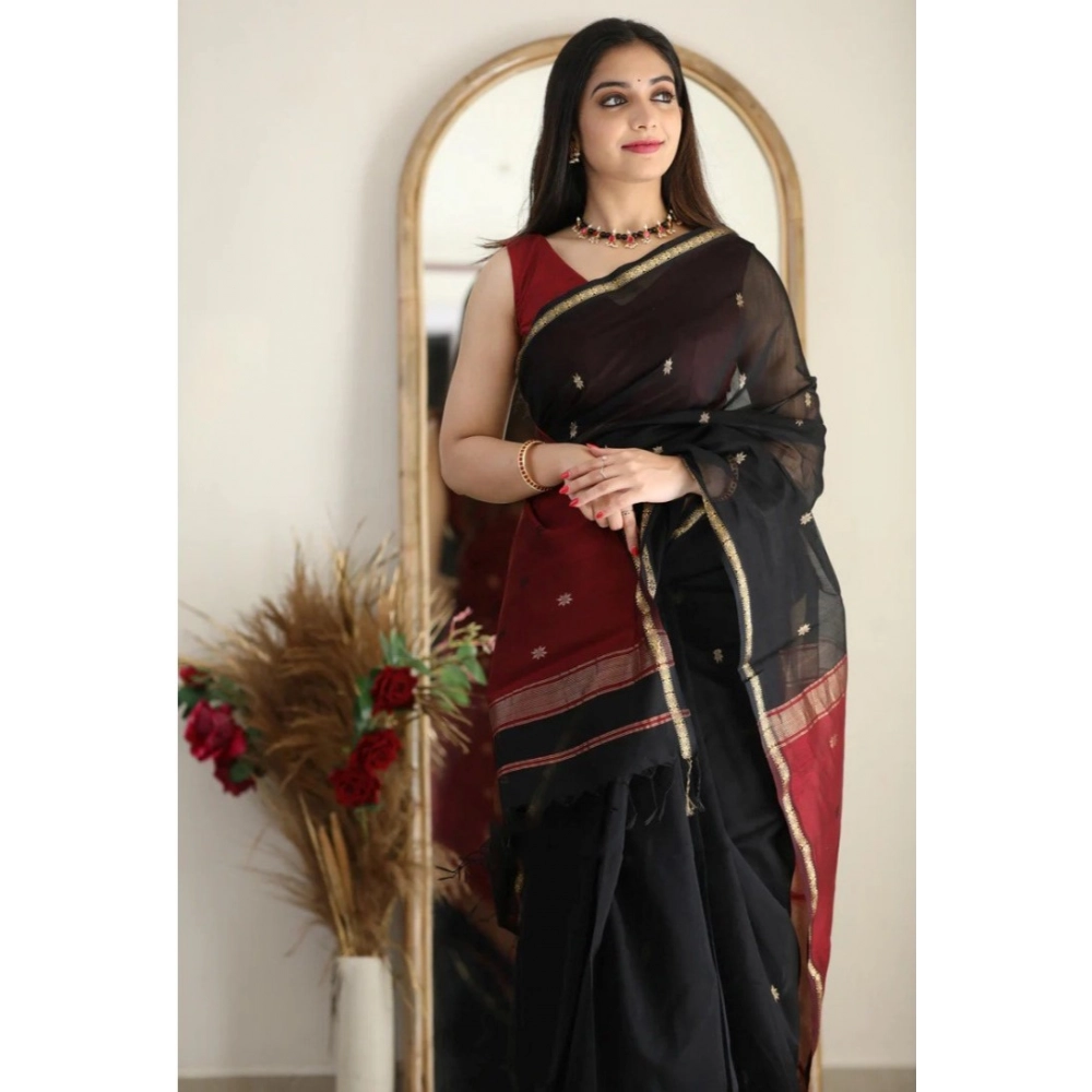 Generic Women's Cotton Printed Saree With Unstitched Blouse 5.5Mtr (Black) - Image 3