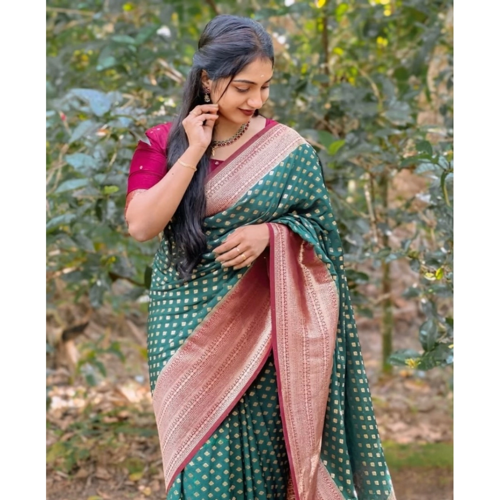 Generic Women's Silk Printed Saree With Unstitched Blouse 5.5Mtr (Green-Red) - Image 3