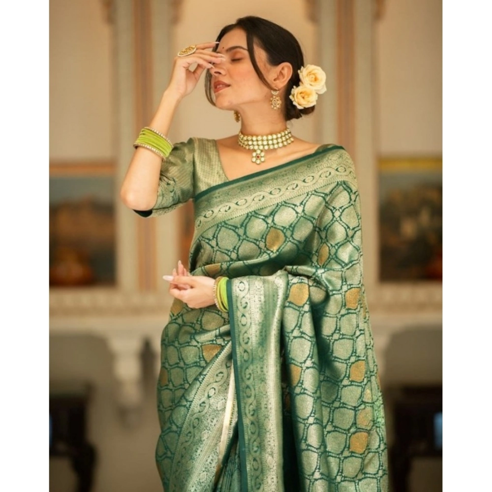 Generic Women's Silk Printed Saree With Unstitched Blouse 5.5Mtr (Green) - Image 2