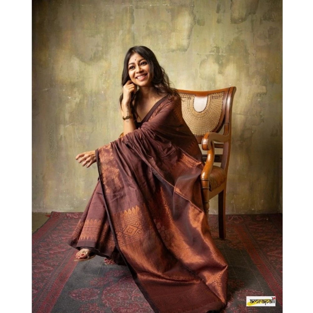 Generic Women's Silk Printed Saree With Unstitched Blouse 5.5Mtr (Coffee) - Image 3