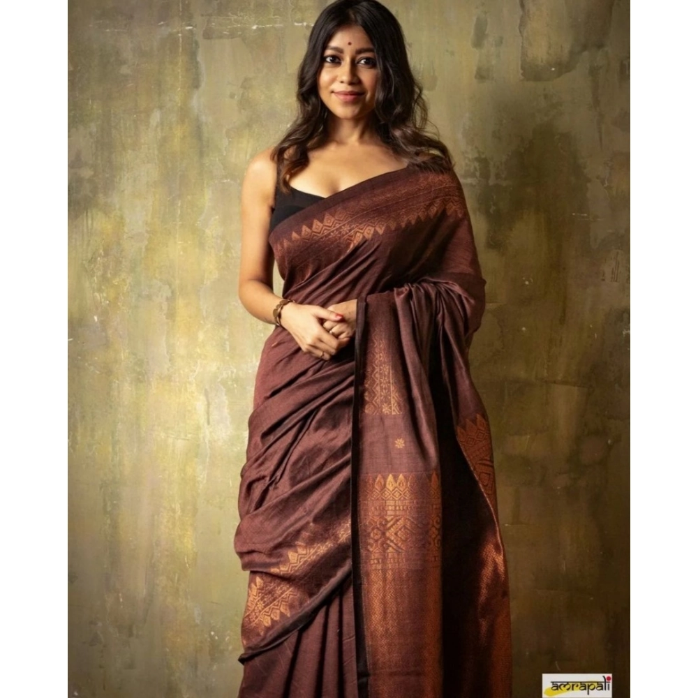 Generic Women's Silk Printed Saree With Unstitched Blouse 5.5Mtr (Coffee) - Image 2