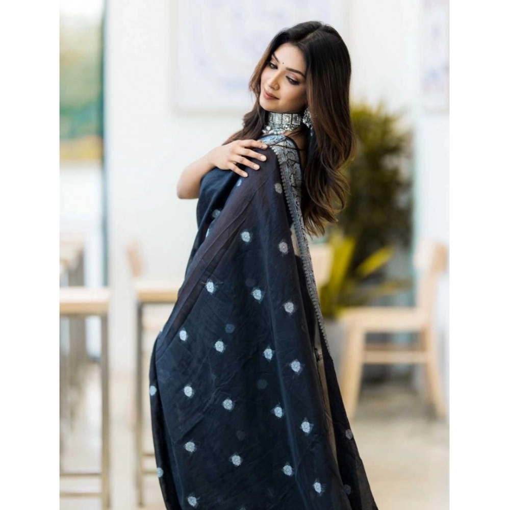 Generic Women's Cotton Printed Saree With Unstitched Blouse 5.5Mtr (Black) - Image 2