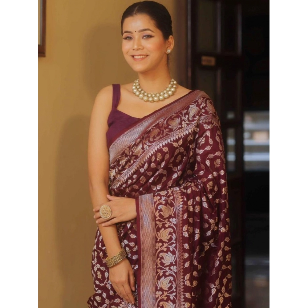 Generic Women's Silk Printed Saree With Unstitched Blouse 5.5Mtr (Maroon) - Image 3