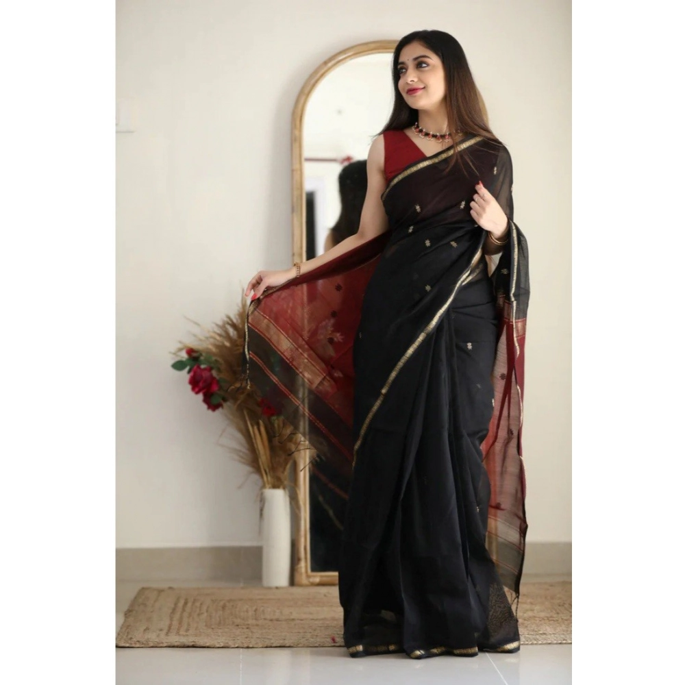 Generic Women's Cotton Printed Saree With Unstitched Blouse 5.5Mtr (Black) - Image 2