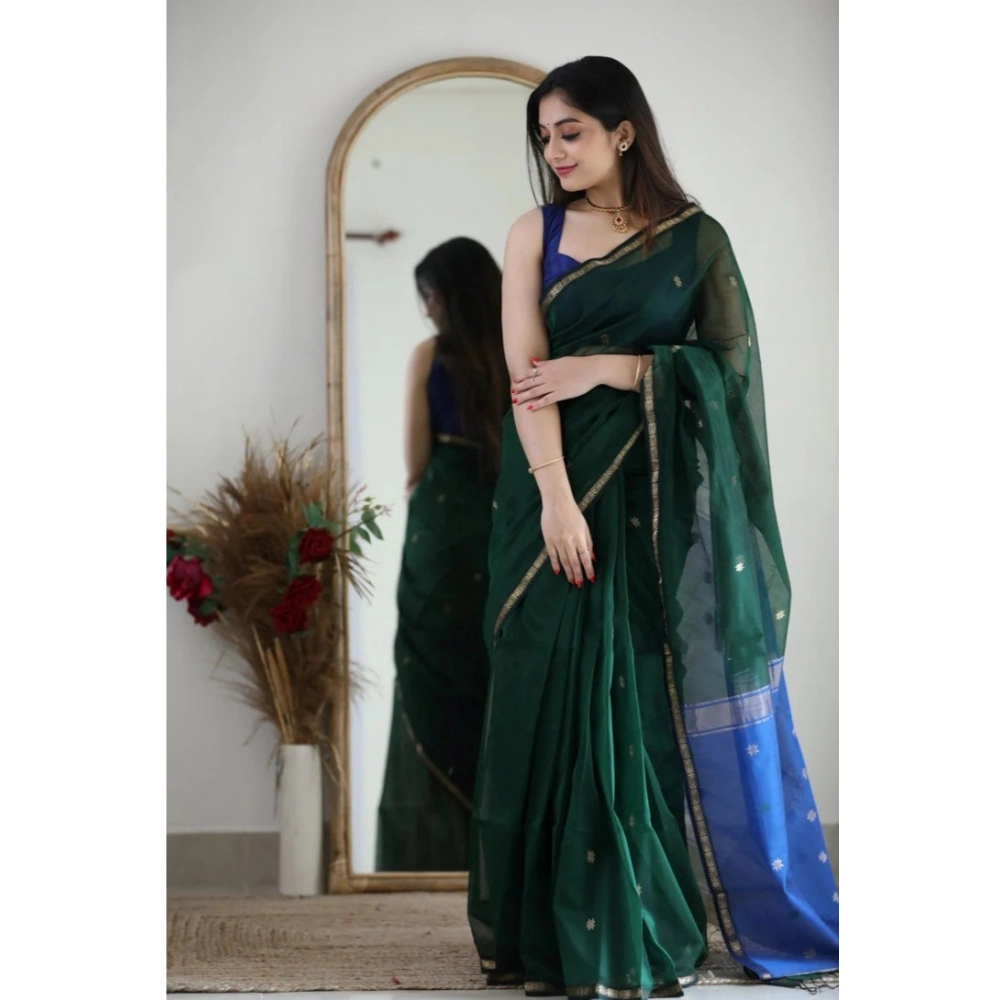 Generic Women's Cotton Printed Saree With Unstitched Blouse 5.5Mtr (Green) - Image 2