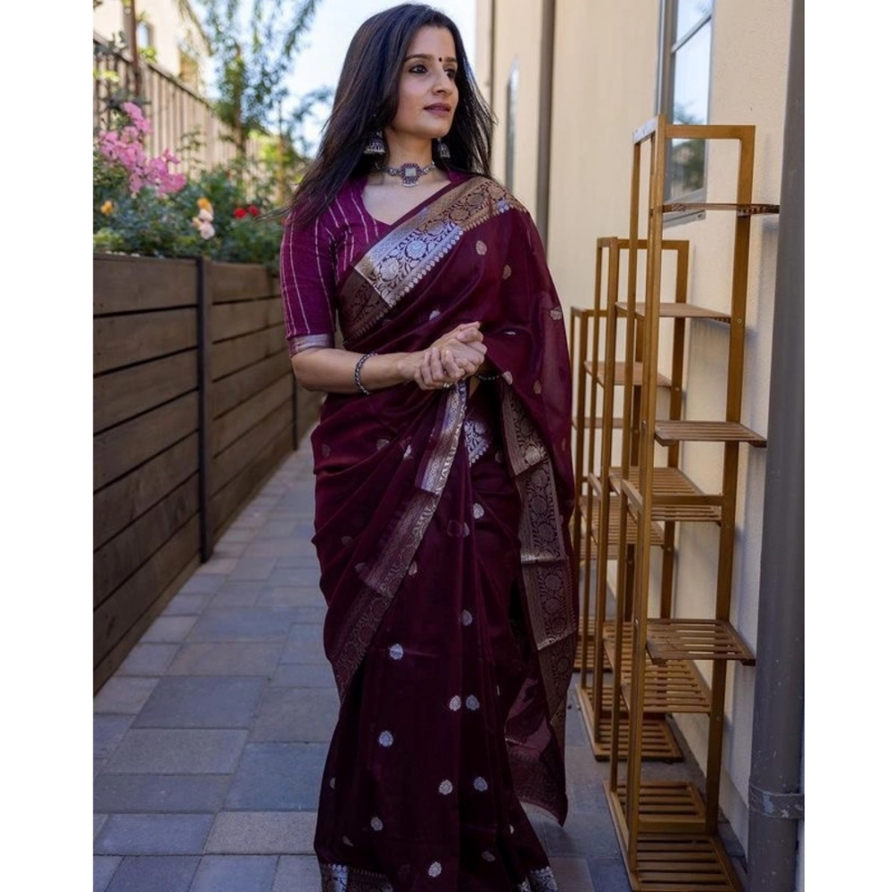 Generic Women's Cotton Printed Saree With Unstitched Blouse 5.5Mtr (Maroon) - Image 2
