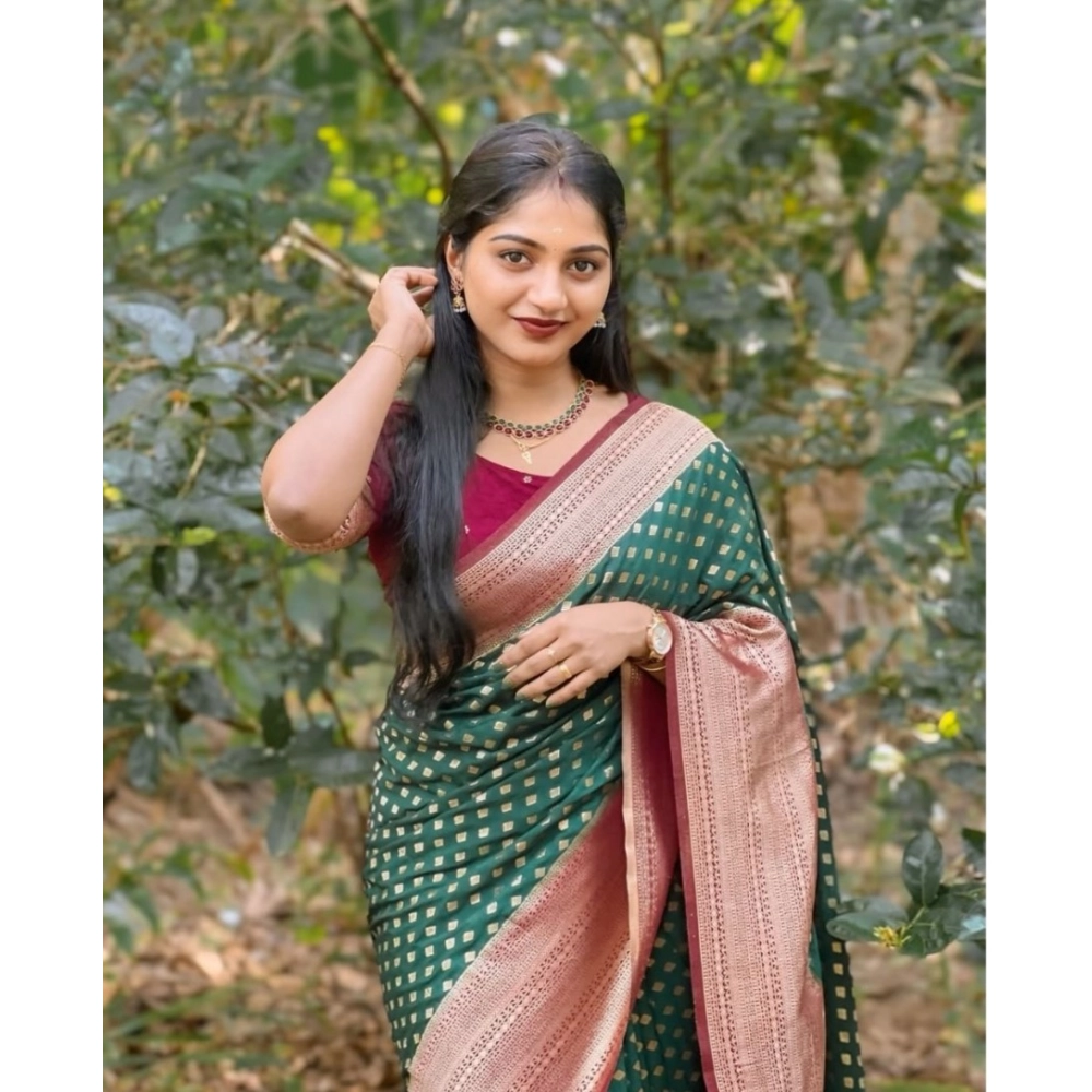 Generic Women's Silk Printed Saree With Unstitched Blouse 5.5Mtr (Green-Red) - Image 2