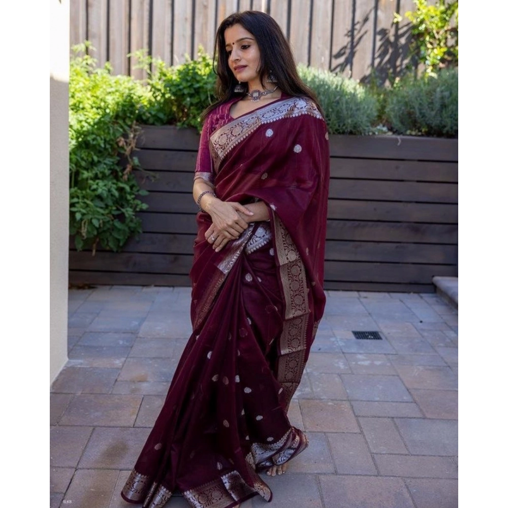 Generic Women's Cotton Printed Saree With Unstitched Blouse 5.5Mtr (Maroon) - Image 3
