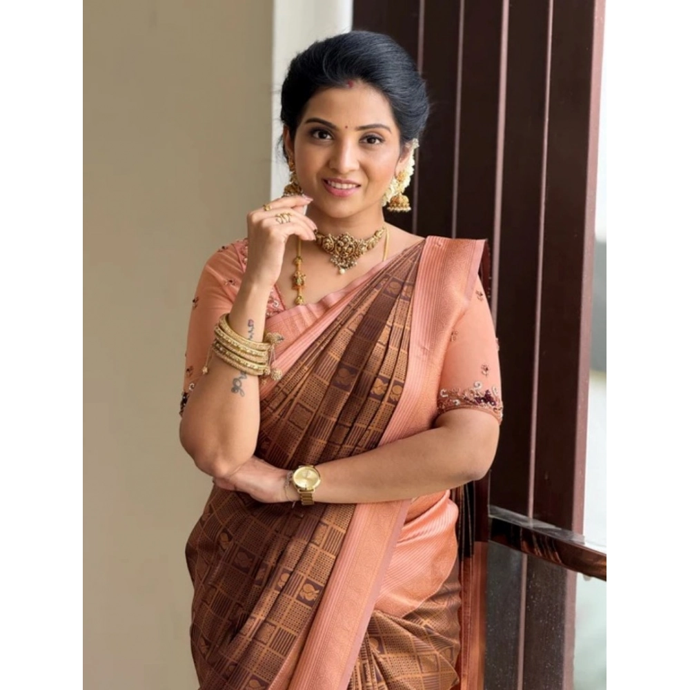 Generic Women's Silk Printed Saree With Unstitched Blouse 5.5Mtr (Brown) - Image 3