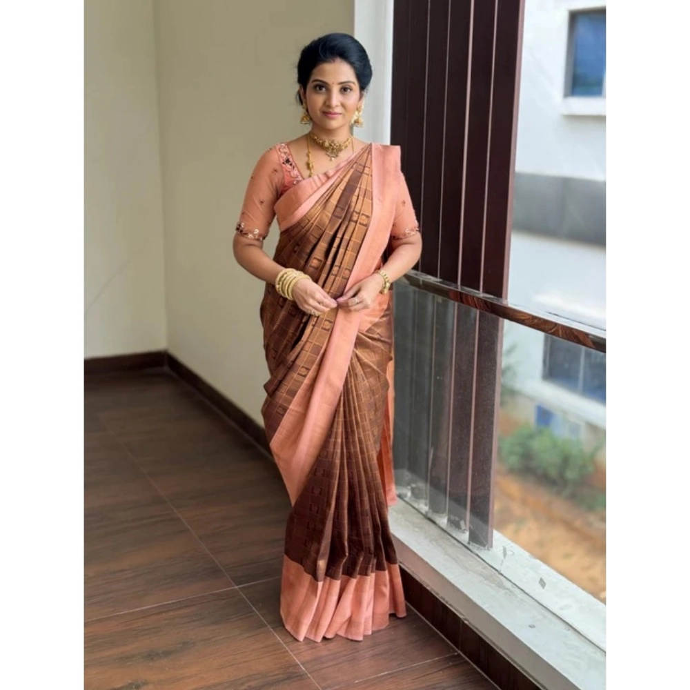 Generic Women's Silk Printed Saree With Unstitched Blouse 5.5Mtr (Brown) - Image 2