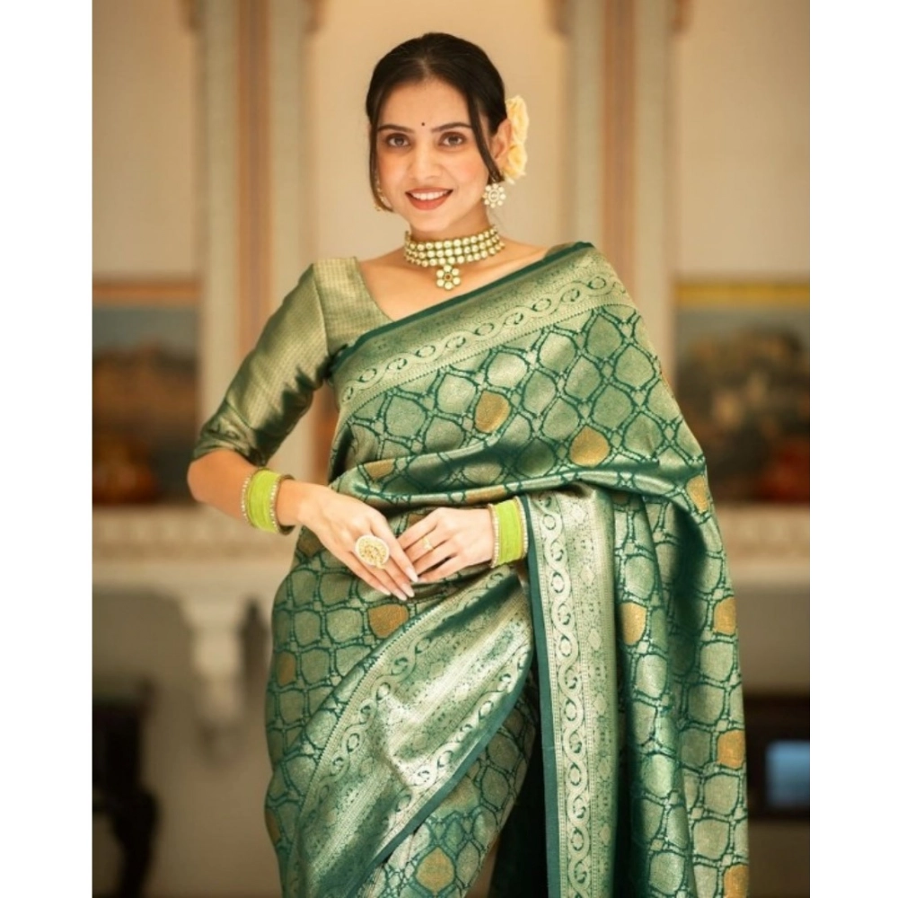 Generic Women's Silk Printed Saree With Unstitched Blouse 5.5Mtr (Green) - Image 3