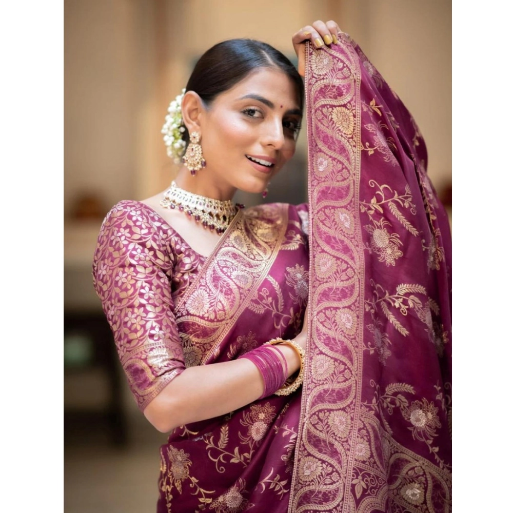 Generic Women's Silk Printed Saree With Unstitched Blouse 5.5Mtr (Wine) - Image 3