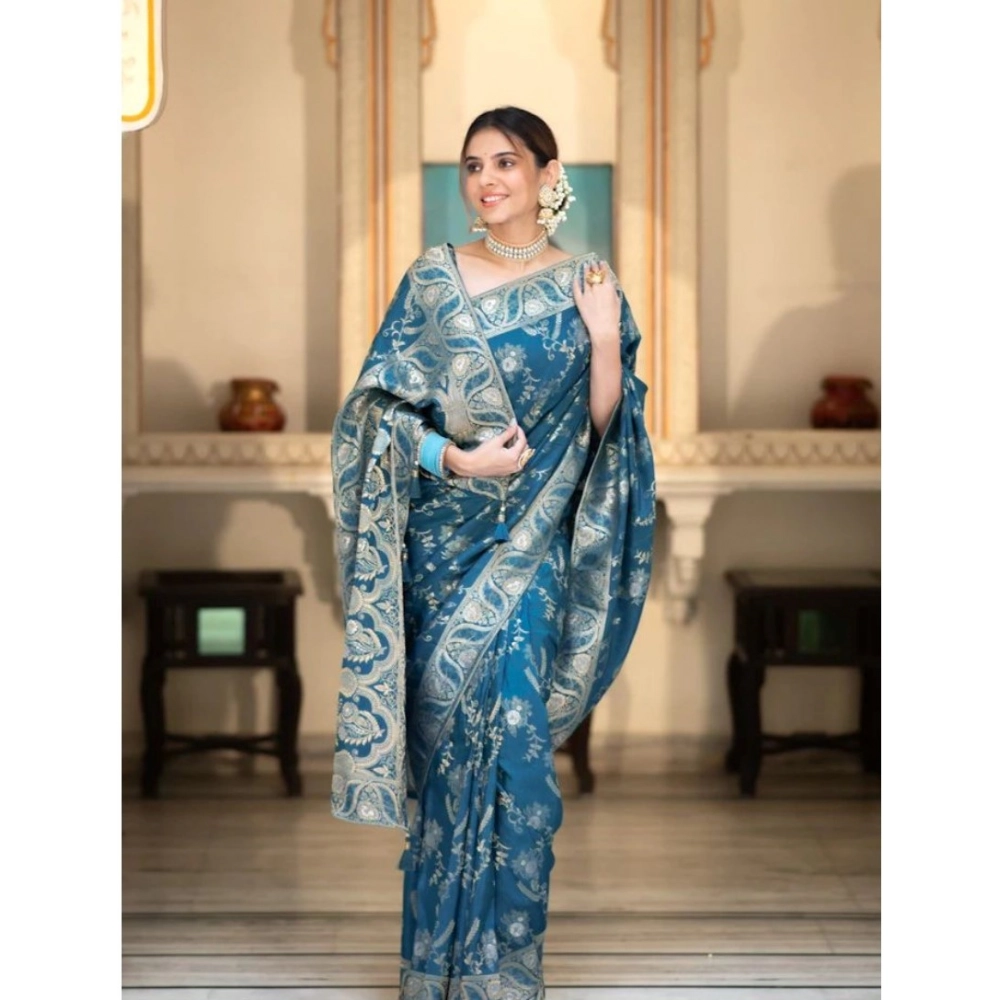 Generic Women's Silk Printed Saree With Unstitched Blouse 5.5Mtr (Teal Blue) - Image 2