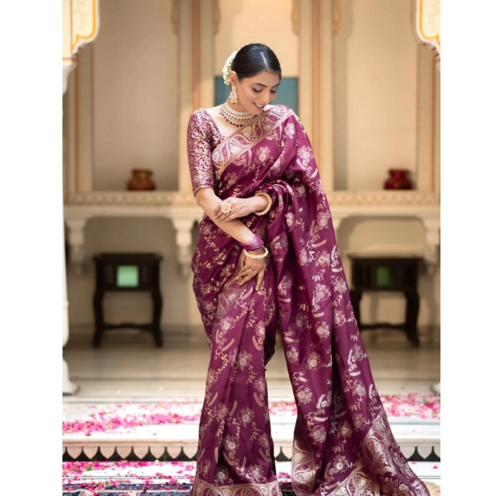 Generic Women's Silk Printed Saree With Unstitched Blouse 5.5Mtr (Wine) - Image 2