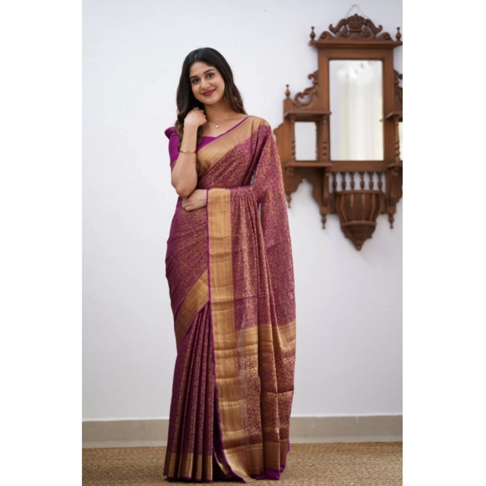 Generic Women's Silk Printed Saree With Unstitched Blouse 5.5Mtr (Wine) - Image 3