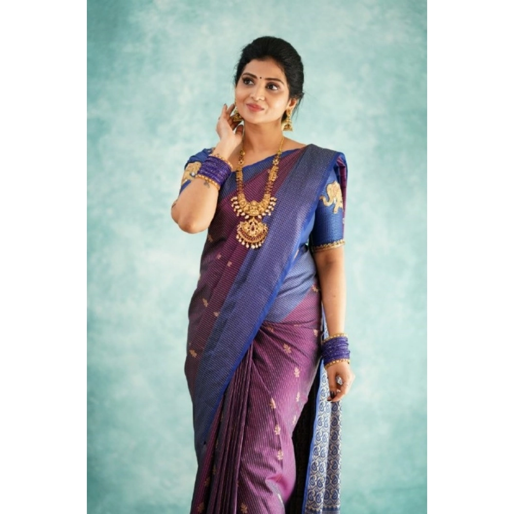 Generic Women's Silk Printed Saree With Unstitched Blouse 5.5Mtr (Purple) - Image 2