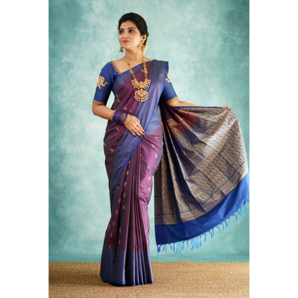 Generic Women's Silk Printed Saree With Unstitched Blouse 5.5Mtr (Purple) - Image 3