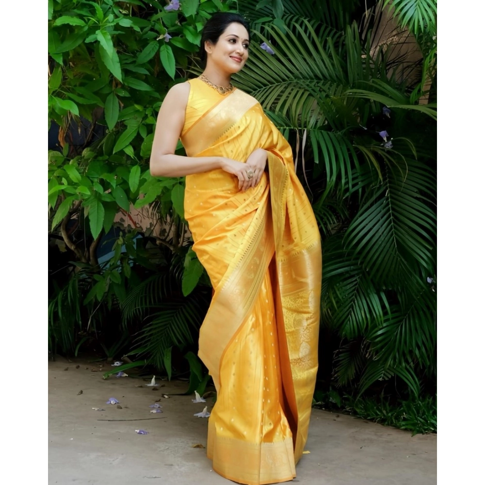Generic Women's Silk Printed Saree With Unstitched Blouse 5.5Mtr (Yellow) - Image 2