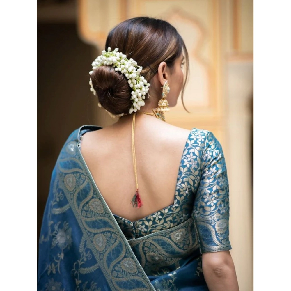 Generic Women's Silk Printed Saree With Unstitched Blouse 5.5Mtr (Teal Blue) - Image 3