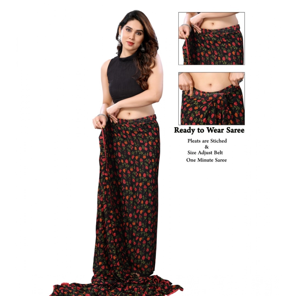 Generic Women's Small Lace Georgette Printed Ready-to-Wear Saree With Unstitched Blouse 5.5 Mtr (Black) - Image 3