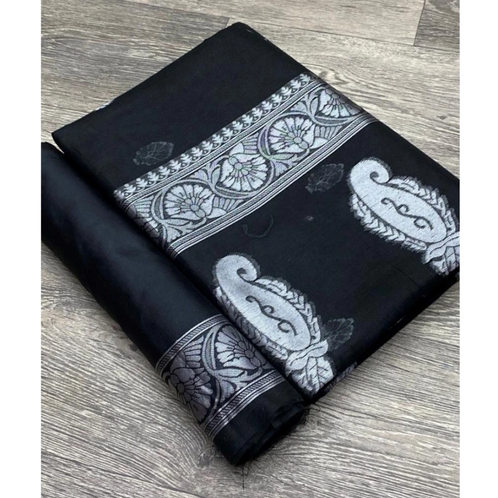 Generic Women's Cotton Printed Saree With Unstitched Blouse 5.5Mtr (Black)