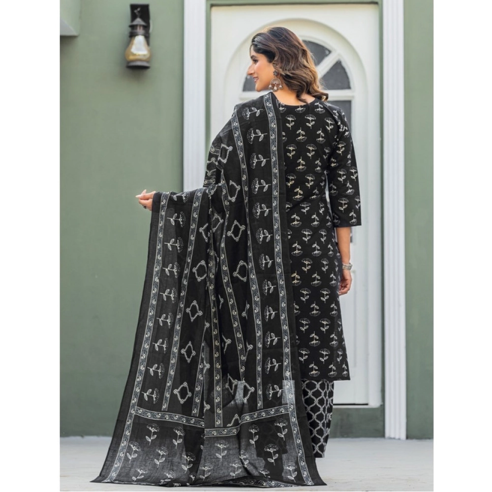 Generic Women's Cotton Blend Printed Kurti With Pant Dupatta Set (Black) - Image 2