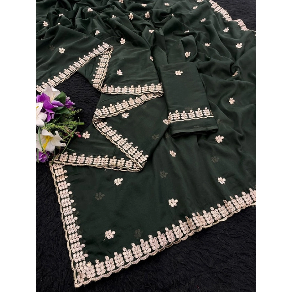 Generic Women's Georgette Embroidered Saree With Unstitched Blouse 5.5Mtr (Green) - Image 2