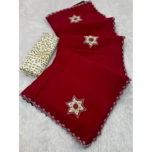 Generic Women's Chiffon Butti Dotted Saree With Unstitched Blouse 5.5Mtr (Red)