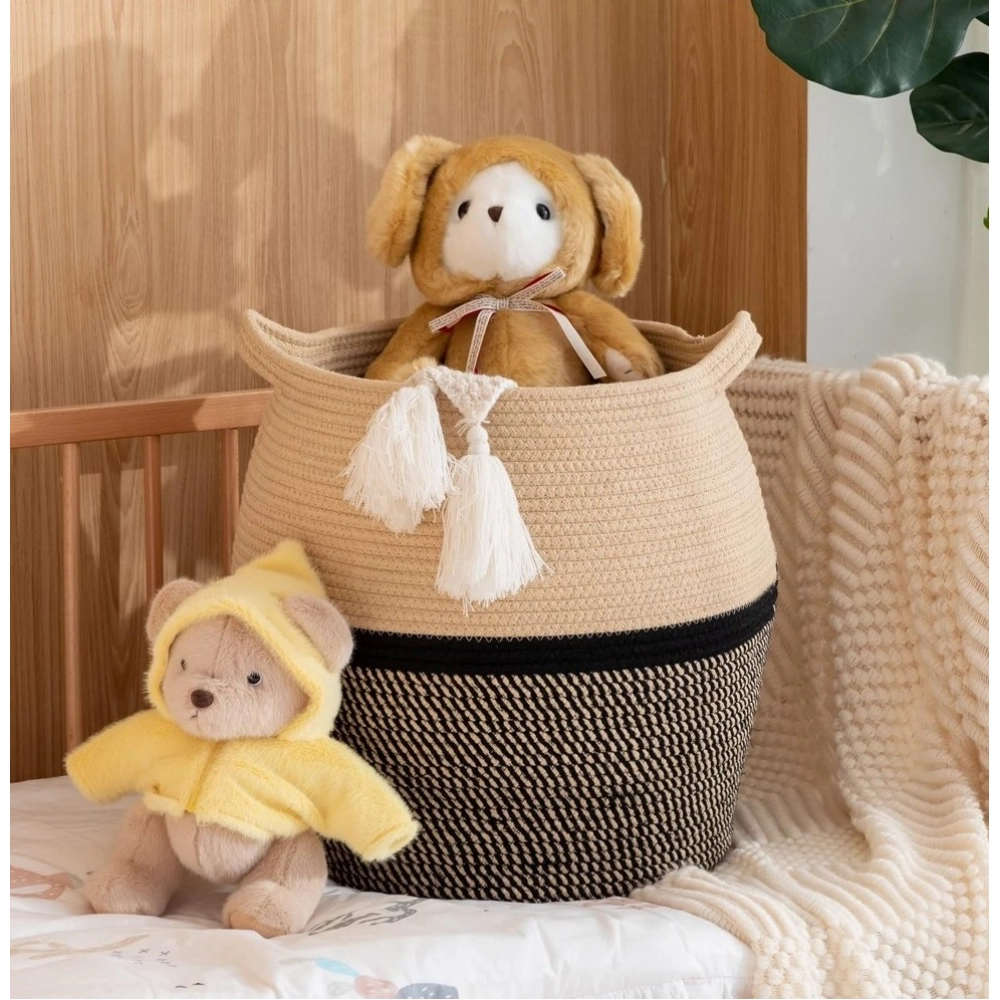 Generic Cotton Matka 14x12 Inch Storage Basket For Clothes With Out Lid (Beige-Black) - Image 3