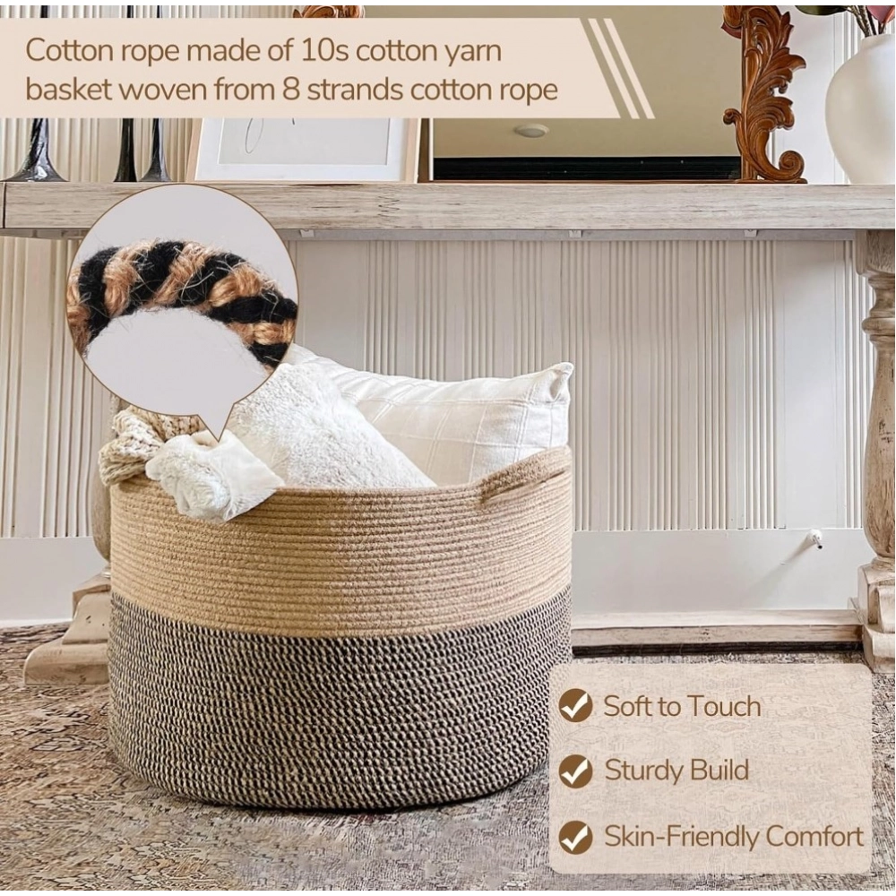 Generic Cotton Pack Of_1 16x14 Inch Storage Basket For Clothes With Out Lid (Beige-Beige-Black) - Image 3