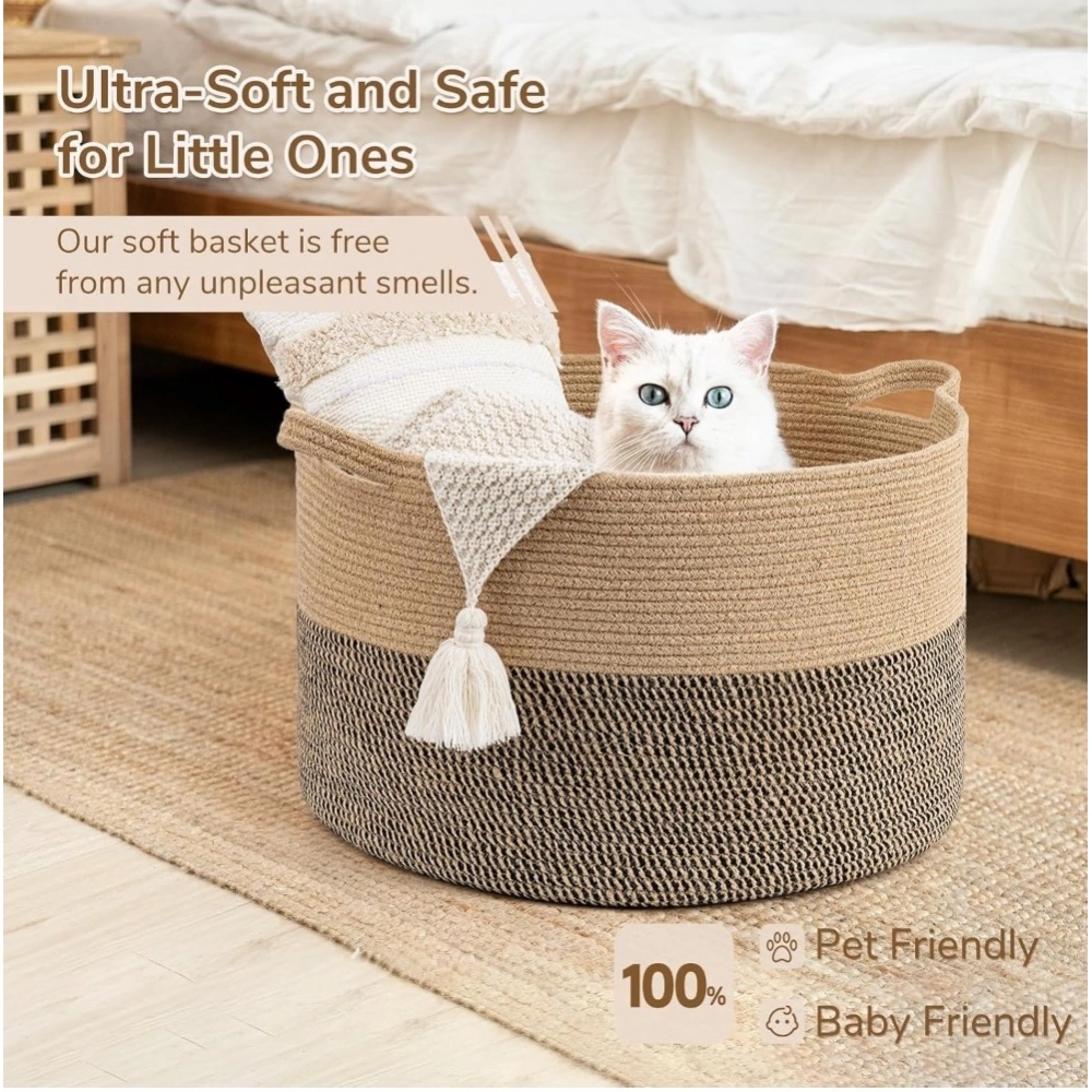 Generic Cotton Pack Of_1 16x14 Inch Storage Basket For Clothes With Out Lid (Beige-Beige-Black) - Image 4