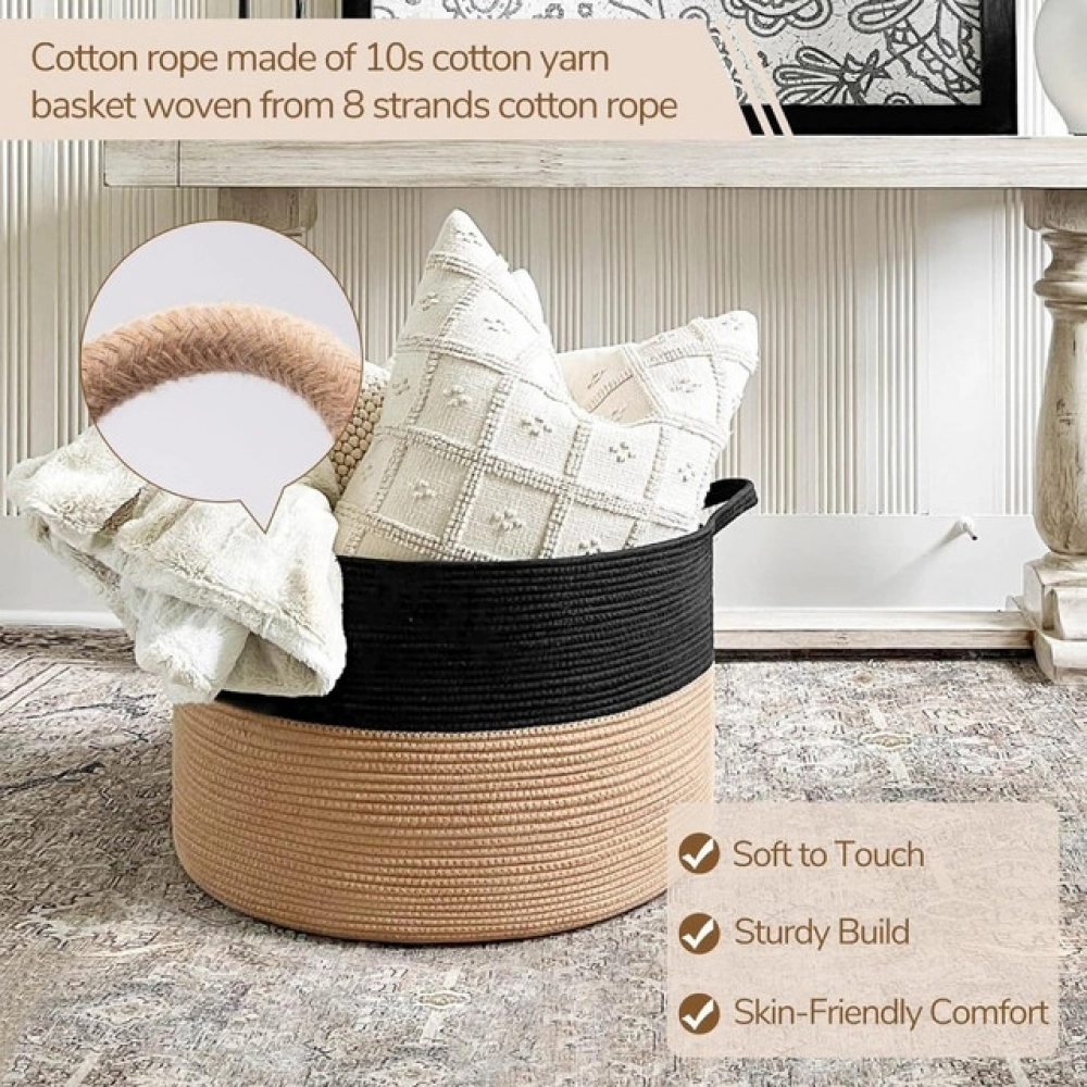 Generic Cotton Pack Of_1 16x14 Inch Storage Basket For Clothes With Out Lid (Black-Beige) - Image 3