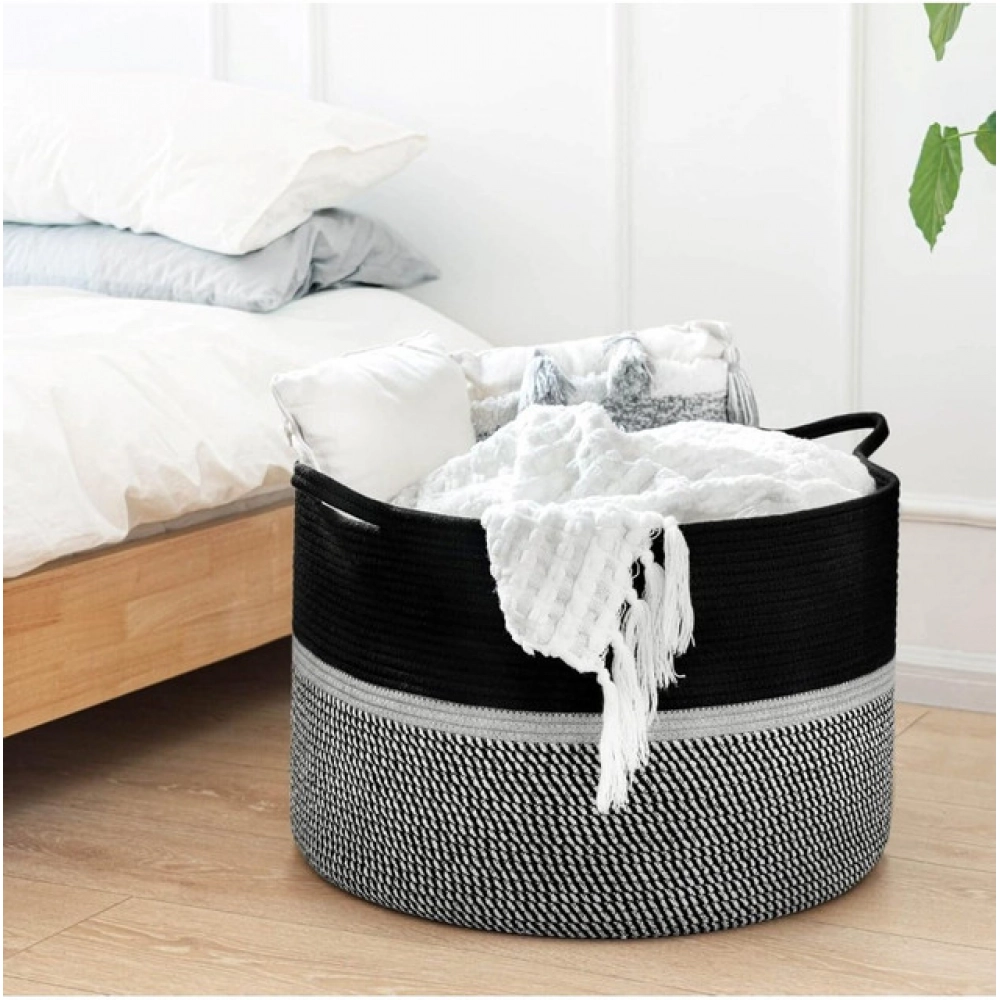 Generic Cotton Dori 16x14 Inch Storage Basket For Clothes With Out Lid (Black-Black-White) - Image 3