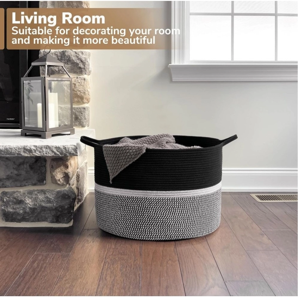 Generic Cotton Dori 16x14 Inch Storage Basket For Clothes With Out Lid (Black-Black-White) - Image 4