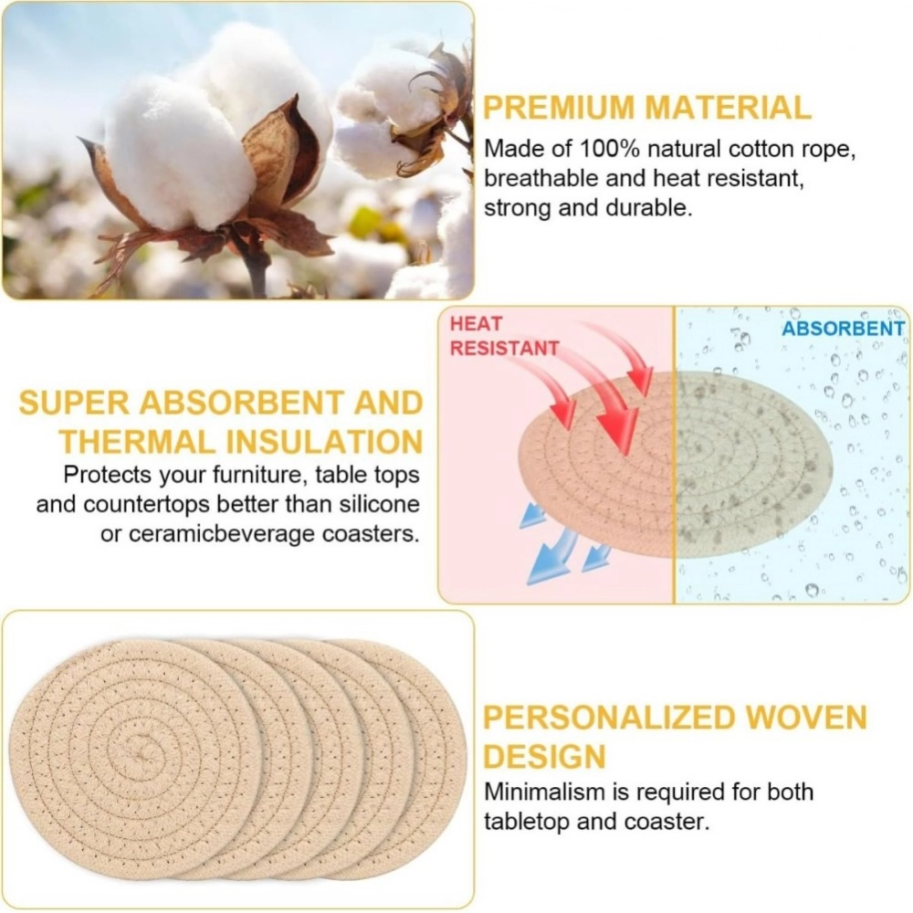 Generic Cotton Rope Drink Coasters 6 Pcs Set (Cream) - Image 3