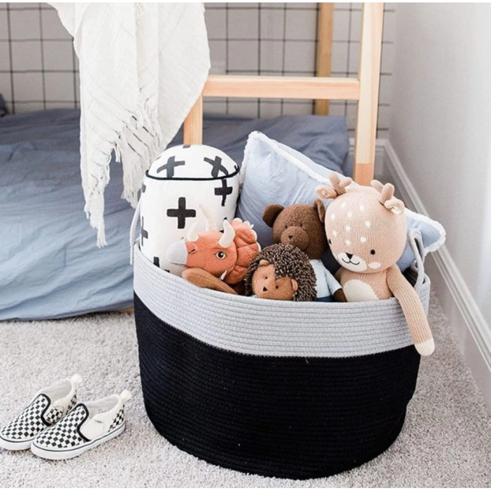 Generic Cotton Pack Of_1 14x12 Inch Laundry Storage Basket For Clothes (Grey-Black) - Image 3