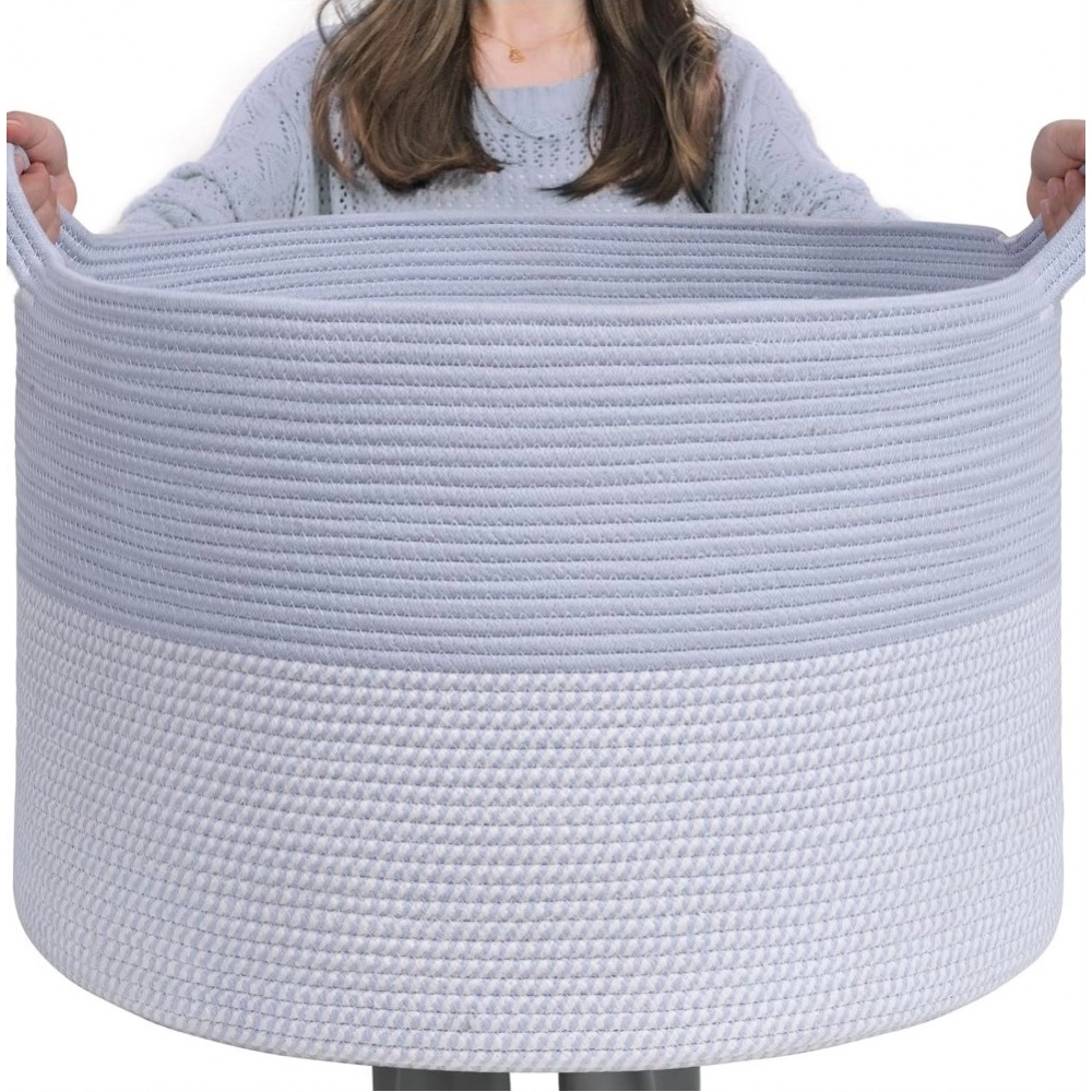 Generic Cotton Pack Of_1 16x14 Inch Storage Basket For Clothes With Out Lid (Blue-White) - Image 2
