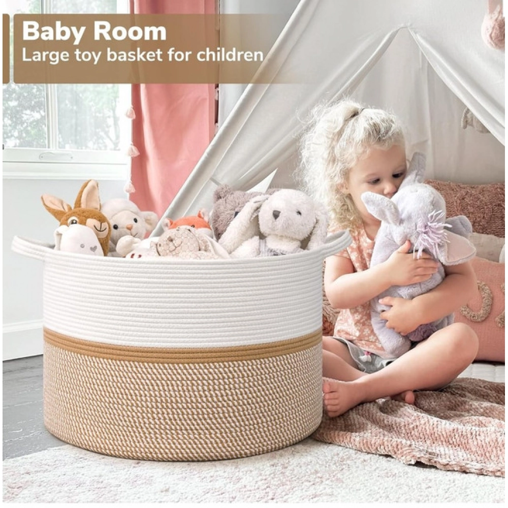 Generic Cotton Dori 16x14 Inch Storage Basket For Clothes With Out Lid (White-Beige-White) - Image 3