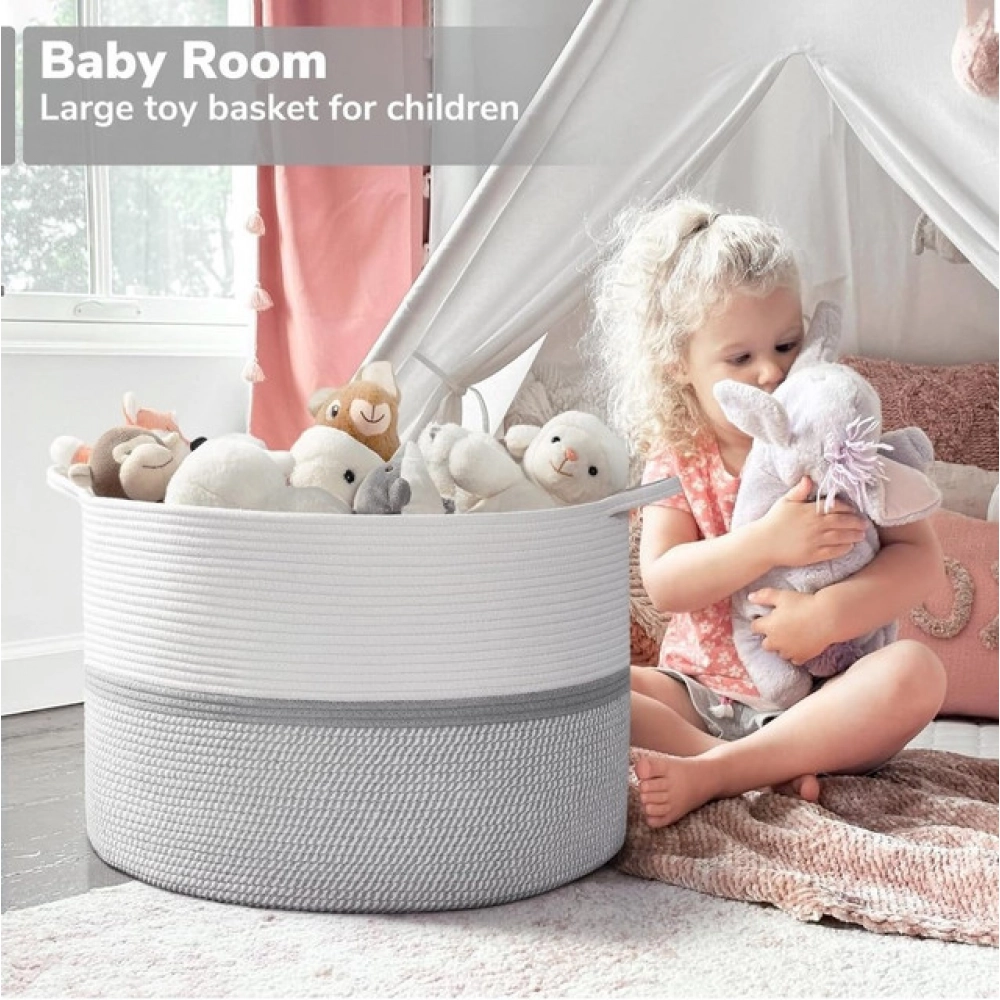 Generic Cotton Dori 16x14 Inch Storage Basket For Clothes With Out Lid (White-Gray-White) - Image 4
