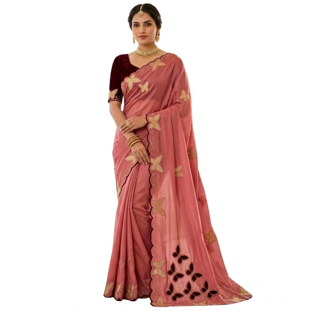 Generic Women's Star Georgette Embellished Saree With Unstitched Blouse 5.5Mtr (Dusty Coral-Maroon) - Image 2